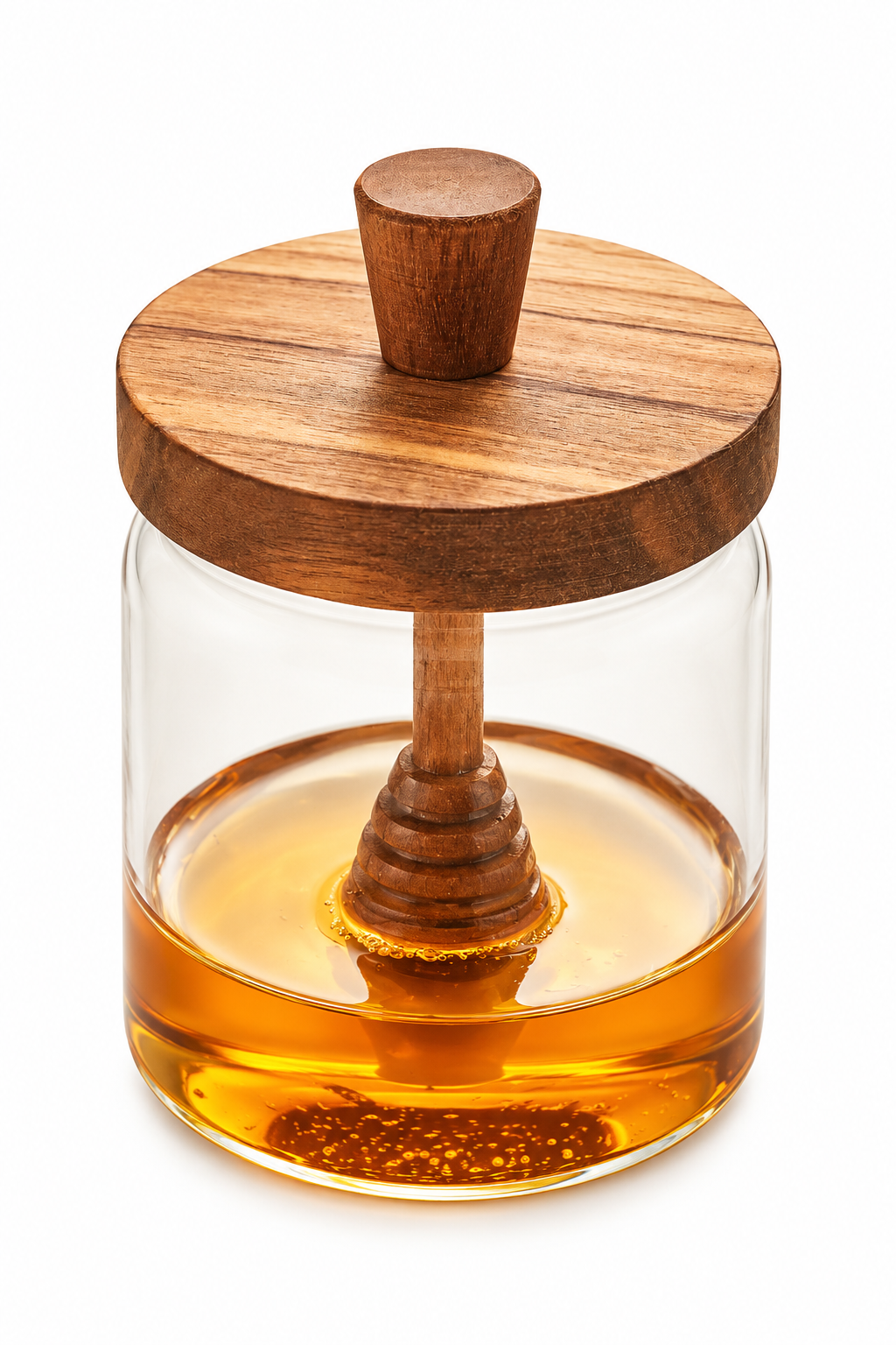 A honey pot filled with golden honey, featuring a round wooden lid with a wooden honey dipper resting inside.